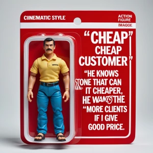 Create a product packaging for an action figure called "Cheap Cu...