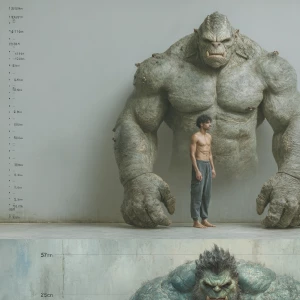 A large, muscled figure, seemingly a stylized human or superhuma...