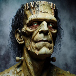 Create an image of Mary Shelley's Frankenstein's Monster as desc...
