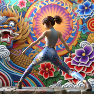 Athletic Thin skinny Attractive, Asian teenage girl, long brown hair and bangs, wearing tight skinny jeans and a halter top paint marks on her clothing, heroic pose Asian graffiti background, backside view