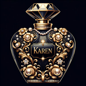 Design a fancy, black and gold bottle of perfume in the shape of a woman’s body. With a golden diamond top, flowers pearls and Diamonds in the name, Karen