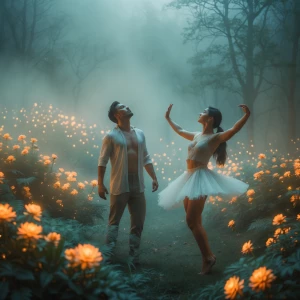 Create an image of a dreamlike landscape with an entranced man a...