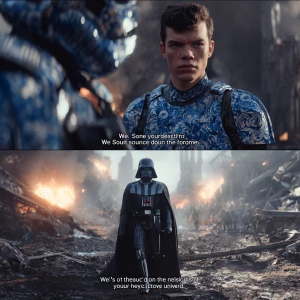 A rebel stormtrooper, distinctly wearing **blue paisley print ar...