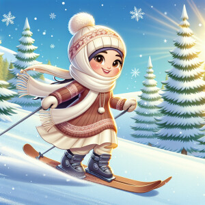 Cute winter scene with girl sking