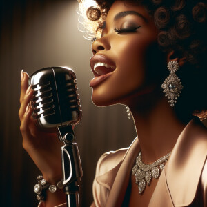 A mural image of Etta James singing behind a vintage microphone,...