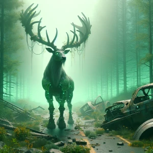 A grotesque, horned deer with glowing antlers standing in the middle of an overgrown road. Its body is riddled with crystalline growths, and a faint green mist surrounds it.