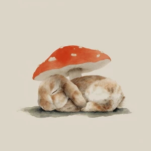 Sleeping rabbit under giant red and white mushroom, gentle pose,...