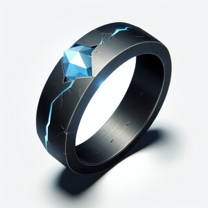 wide flat black metal wedding ring with one jagged crack, blue i...