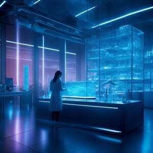 Design a futuristic laboratory scene in a realistic 3D-rendered...