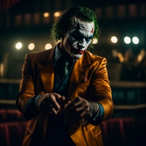 The Joker muscles fully made up on stage very dim lit
