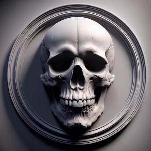 Create a 3D bas-relief image of an evil skull in grayscale with...