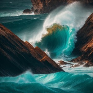 Create a photorealistic image of turquoise and deep blue waves v...