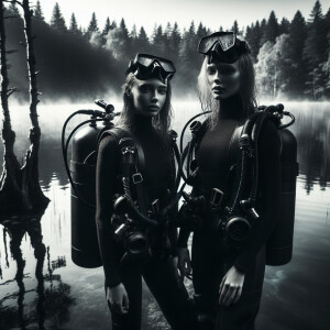 Two girls in scuba gear are standing near the lake and there is...