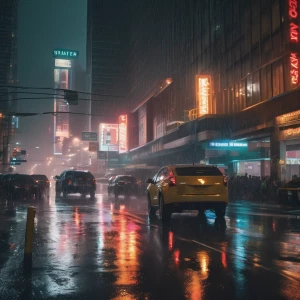 A bustling urban intersection during a heavy downpour, with neon lights reflecting on wet asphalt. Lightning flashes in the sky, illuminating tall skyscrapers shrouded in mist. People rush for shelter as water streams down the sides of buildings.