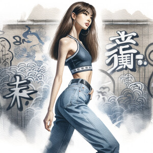 Athletic Thin skinny Attractive, Asian teenage girl, long brown hair and bangs, wearing tight skinny jeans and a halter top paint marks on her clothing, heroic pose Asian graffiti background, side view