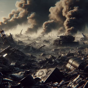 Generate a hyper-realistic image showcasing a dystopian battlefi...