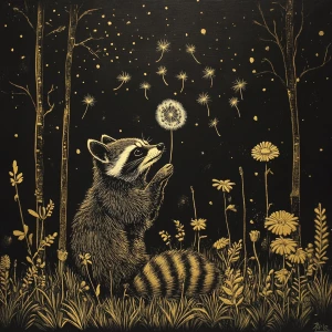 Raccoon blowing on dandelion seeds in forest among forest friend...