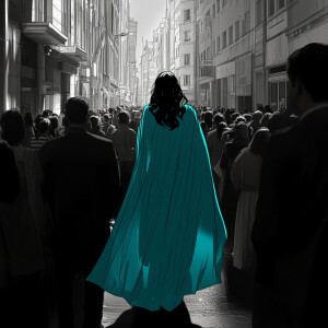 A crowd huddles on the monochrome street, their attention fixed...