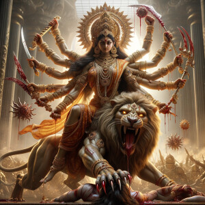 portrait of an angry and gorgeous goddess durga sitting on a golden throne and slaying mahishasur by carrying him on top her lap and stabbing him with her long red fingernails. gold jewelry all over her body. she has eight arms. Mahishasur has wounds. Background is intense battlefield. Ultra detailed face, hyper realistic photography, Epic scene. 4k, HDR