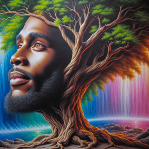 A hyper-realistic 3-D oil painting depicting a tree integrated w...