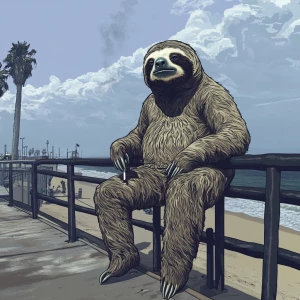 Sloths slerf meme..leaning on boardwalk railing smoking a cigare...