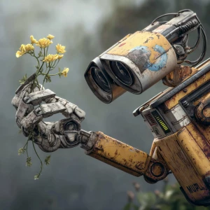 Wall-E robot's hand (arm) touches a flower with a green stem and...