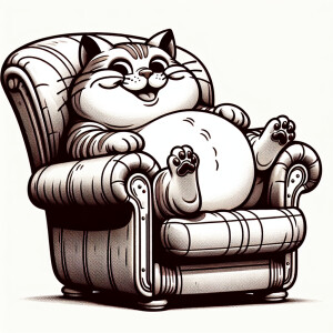 A cartoon. A fat, smiling cat sitting in an armchair