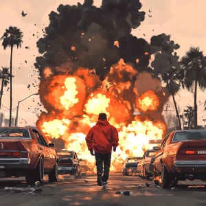 Fwog meme..walking away from cars exploding, 90's clothing, in G...