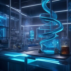 Design a futuristic laboratory scene in a realistic 3D-rendered...