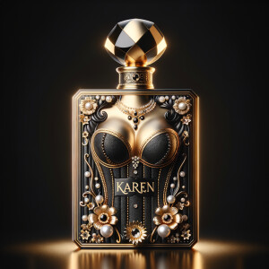 Design a fancy, black and gold bottle of perfume in the shape of a woman’s body. With a golden diamond top, flowers pearls and Diamonds in the name, Karen