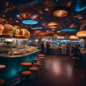 Space station burger restaurant, filled with different species o...