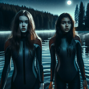 Two girls in a hydro suit stand with their backs to the lake in...