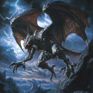 A winged gargoyle with stone skin and glowing red eyes engaged i...
