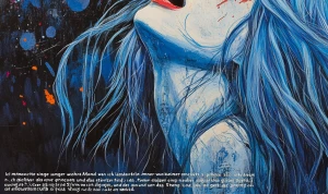 A woman with long blue hair and red eyes singing "Ich möchte sin...
