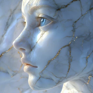 A Woman's Face Sculpted from Carrara Marble, veins of shimmering...