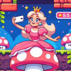 Princess Peach from Mario Bros sits on a toadstool and takes sel...