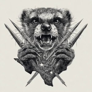 A highly detailed logo of an anthropomorphic mongoose with a wil...
