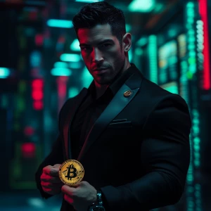 ultra-muscular man in a sleek black suit holding a golden bitcoi...
