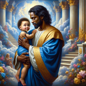 Classical oil painting style depicting an African-American Jesus...