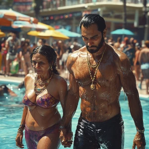 Photo hyperrealistic ,a muscular beefy criminal man walking with...