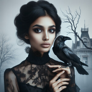 a Victorian woman with dark black tresses piled on her head, her...