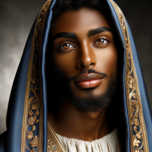 Create a beautiful African-American Jesus Christ with Hazel, brown eyes and blue and gold robe