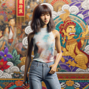 Athletic Thin skinny Attractive, Asian teenage girl, long brown hair and bangs, wearing tight skinny jeans and a halter top paint marks on her clothing, heroic pose Asian graffiti background, backside view