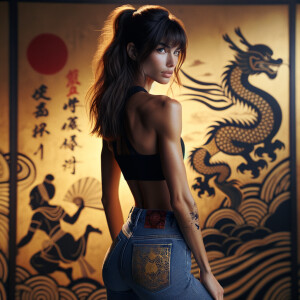 Athletic Thin skinny Attractive, Asian teenage girl, long brown hair and bangs, wearing tight skinny jeans and a halter top paint marks on her clothing, heroic pose Asian graffiti background, backside view