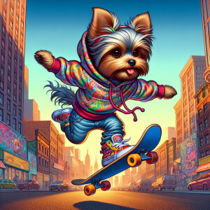 A Yorkie wearing Jeanshose and Hoody, colorful, anthropomorphic,...