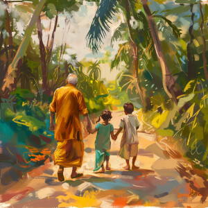 Indian modern grandparents and kids going for walk in beautiful...