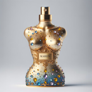 Create a 3-D realistic gold and blue, colorful jewels perfume b...