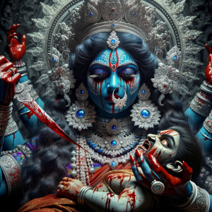 portrait of angry looking, gorgeous goddess kali, blue skinned carrying a weak mahishasur in her two arms and stabbing him with her amazingly long red fingernails. She is wearing a huge silver crown, red saree, abundant silver jewelry, covered in blood. The scene is set in ancient India. The image is 8K resolution, cinematic, ultra detailed face and epic.