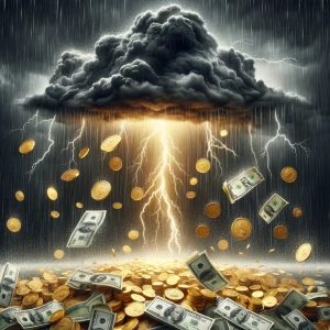 Thunderstorm raining money and gold coins
