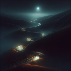 Autumn. Night. Serpentine. A car is driving in the fog on the ro...